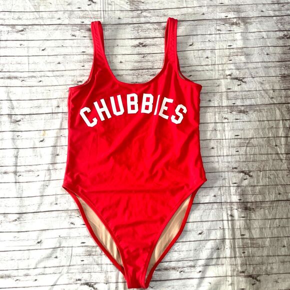 Chubbies Womens Red Low Back One Piece Swimsuit Bathing Suit Size Large L Logo - Picture 1 of 5